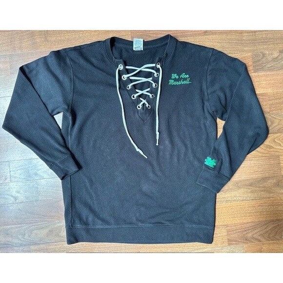 We Are Marshall Victorias Secret Black Long Sleeve Lace Up V Neck Sweatshirt - Picture 1 of 6